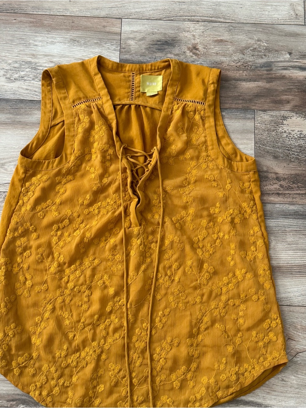 Maeve Anthropologie Embroidered lace up mustard tank top size 8 - Picture 5 of 14